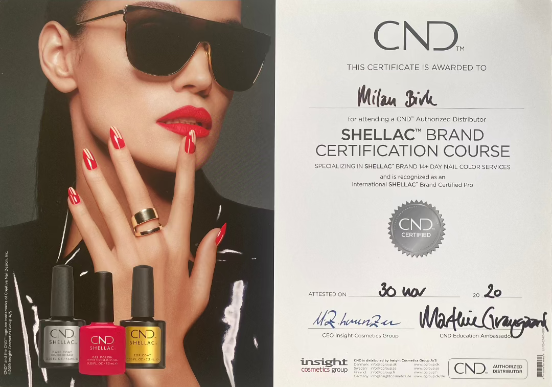 Et certificerings bevis fra CND Shellac kursus.